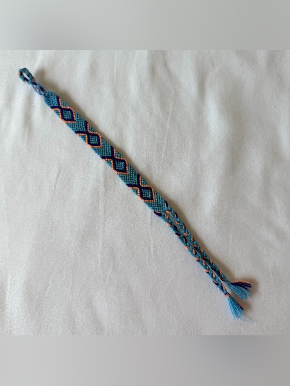 Handmade Mexican Macrame Bracelet Blue w/ Purple & Orange Diamond Pattern